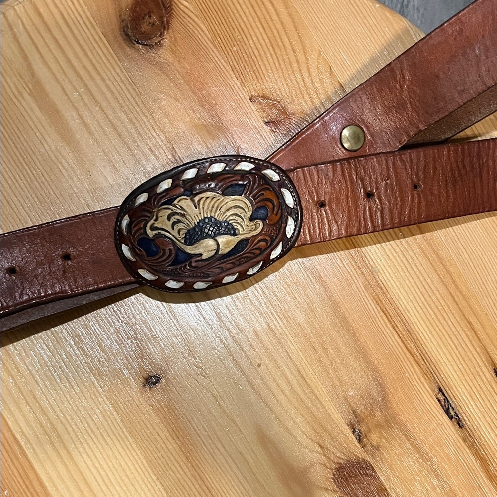 Tony Lama Brown Leather Belt with Decorative Buckle